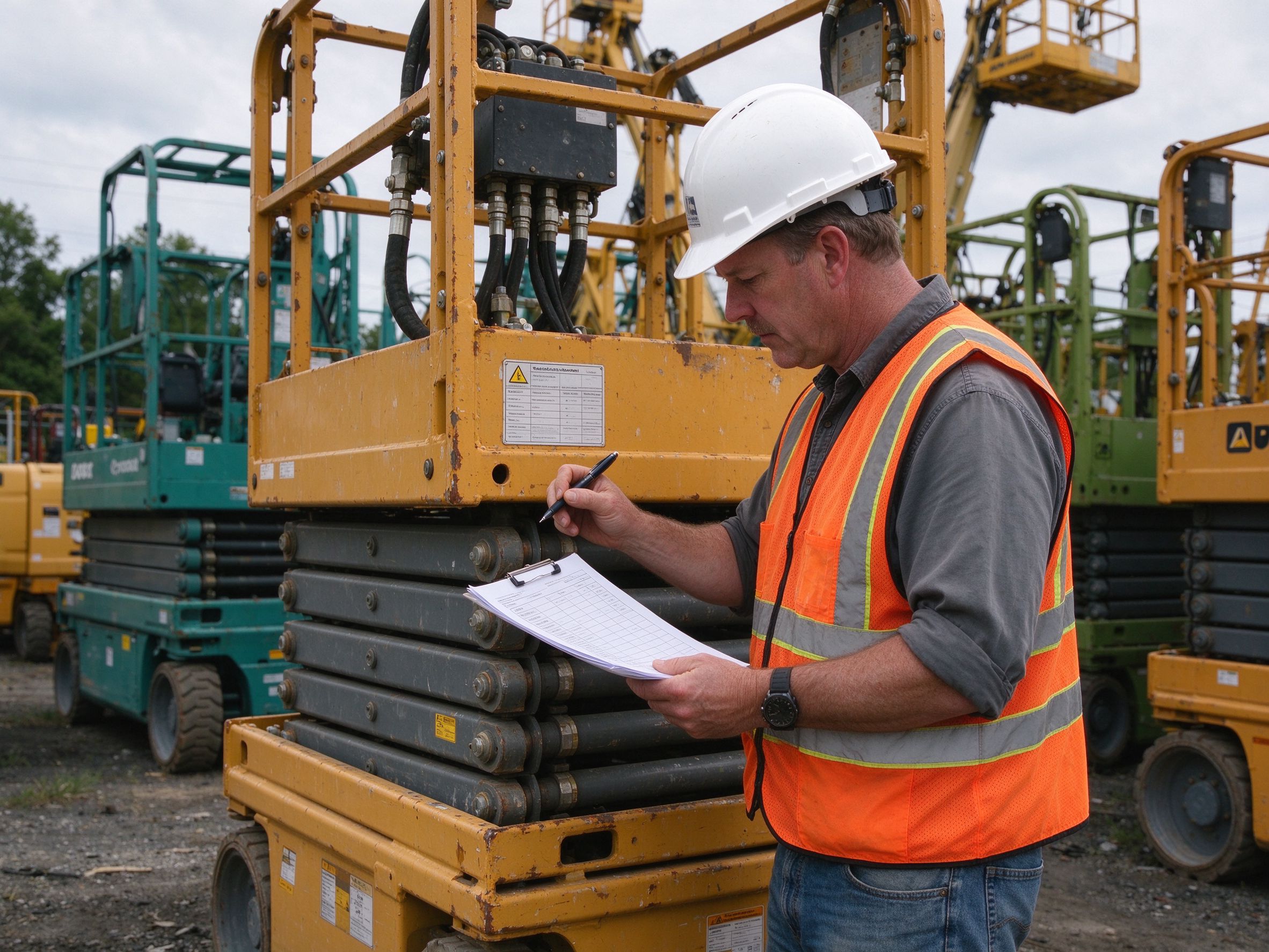 Engineer inspecting a scissor lift before export