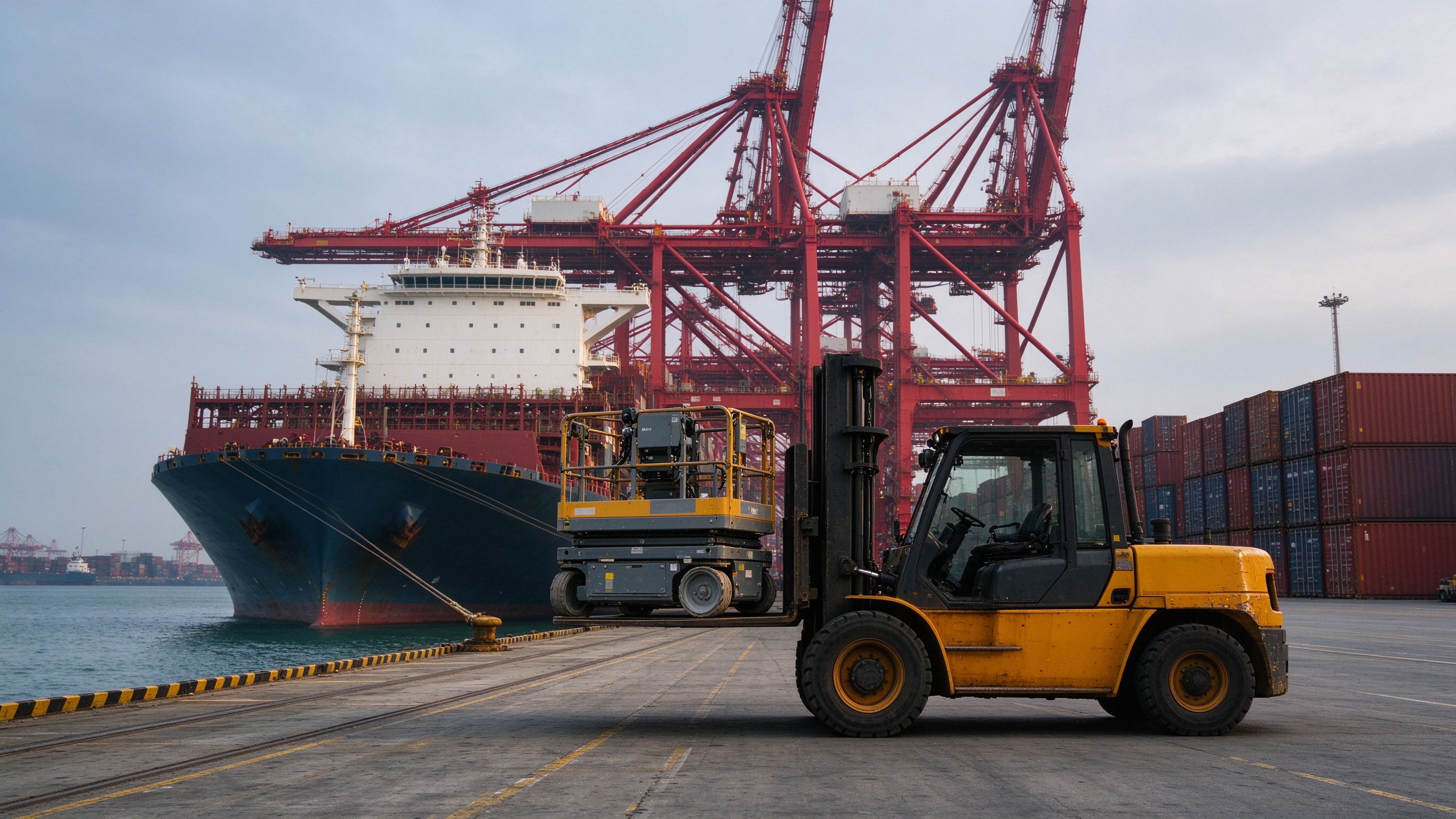 Loading aerial platforms for export at a container port